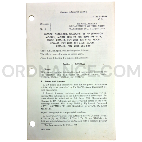 Technical Manual Change 3 (TM 5-8081) for Johnson Model RDM-10, RDM-11, RDM-12, & RDM-14 Outboard Motor August 1969 FSN 2805-376-9171