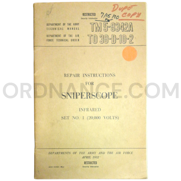 Technical Manual (TM 5-9342A) for Infrared Sniperscope April 1952