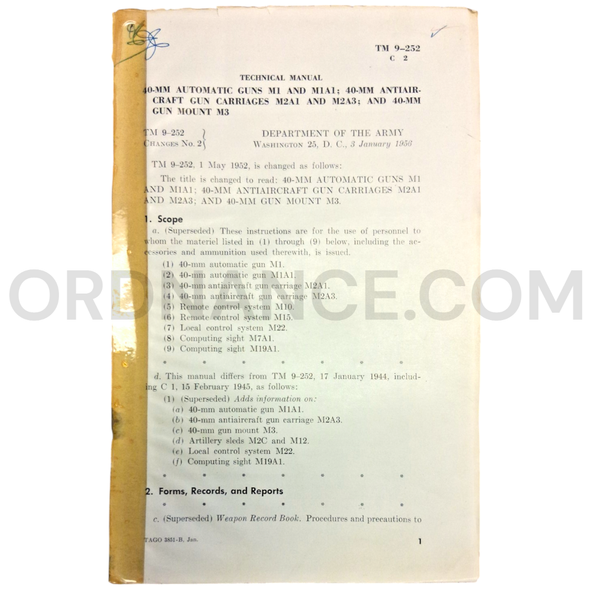 Technical Manual Change 2 (TM 9-252) for 40mm Automatic Gun M1, Antiaircraft Gun Carriage M2A1, and Gun Mount M3 January 1956