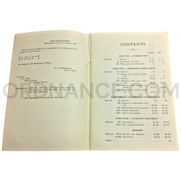 Technical Manual (TM 9-314) for T21 75mm Rifle January 1945