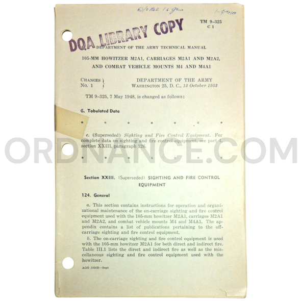 Technical Manual Change 1 (TM 9-325) for M2A1 105mm Howitzer, M2A1/M2A2 Carriages, and M4/M4A1 Combat Vehicle Mounts October 1953
