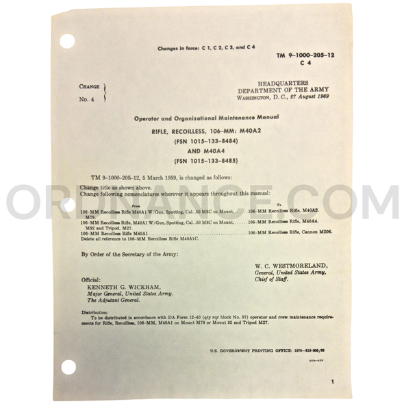 Technical Manual Change 4 (TM 9-1000-205-12) for 106mm M40A2 and M40A4 Recoilless Rifles August 1969 FSN 1015-133-8484