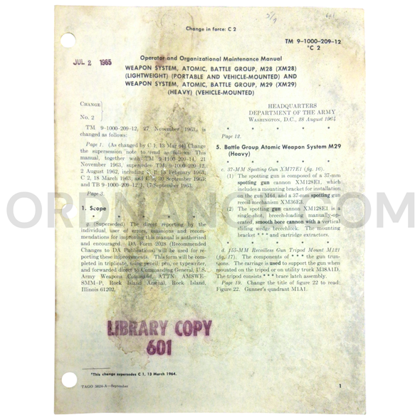 Technical Manual Change 2 (TM 9-1000-209-12) for M28 and M29 Battle Group Atomic Weapon System August 1964