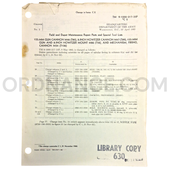 Technical Manual Change 2 (TM 9-1000-217-35P) for 155mm M46/T80 Gun Cannon, 8-Inch M47/T89 Howitzer Cannon, M86/T58 Gun Mount, and M34/T106 Cannon Firing Mechanism April 1965