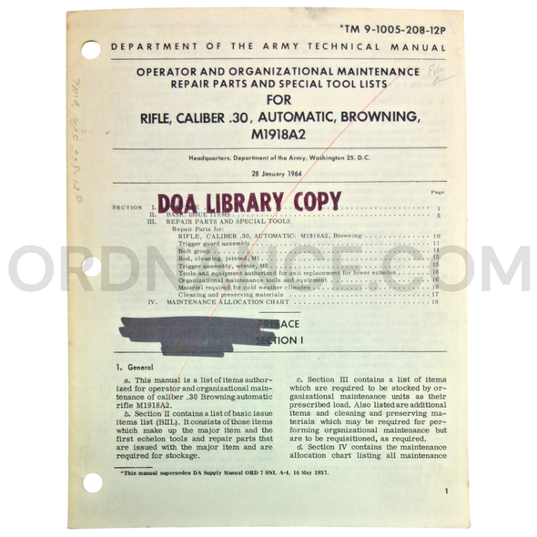 Technical Manual (TM 9-1005-208-12P) for .30cal M1918A2 Browning Automatic Rifle "BAR" January 1964 FSN 1005-674-1309