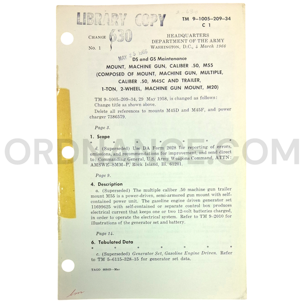 Technical Manual Change 1 (TM 9-1005-209-34) for .50cal M55 Machine Gun Mount March 1966