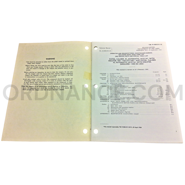 Technical Manual (TM 9-1005-211-12) for .45cal M1911A1 Automatic Pistol with Hip and Shoulder Holsters September 1968 FSN 1005-673-7965