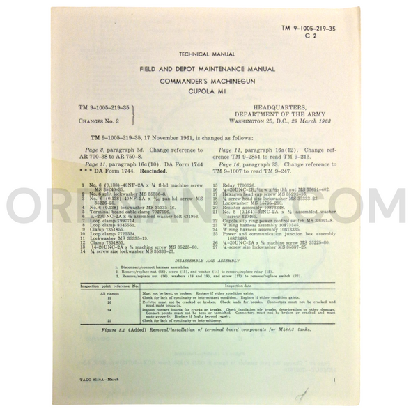 Technical Manual Change 2 (TM 9-1005-219-35) for M1 Commander's Machine Gun Cupola March 1963