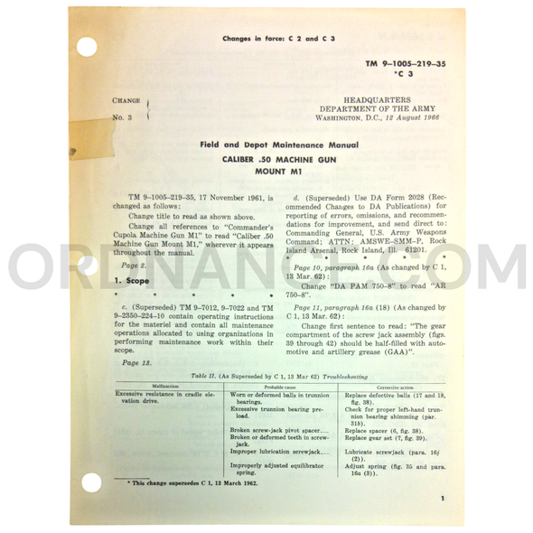Technical Manual Change 3 (TM 9-1005-219-35) for .50cal M1 Machine Gun Mount August 1966
