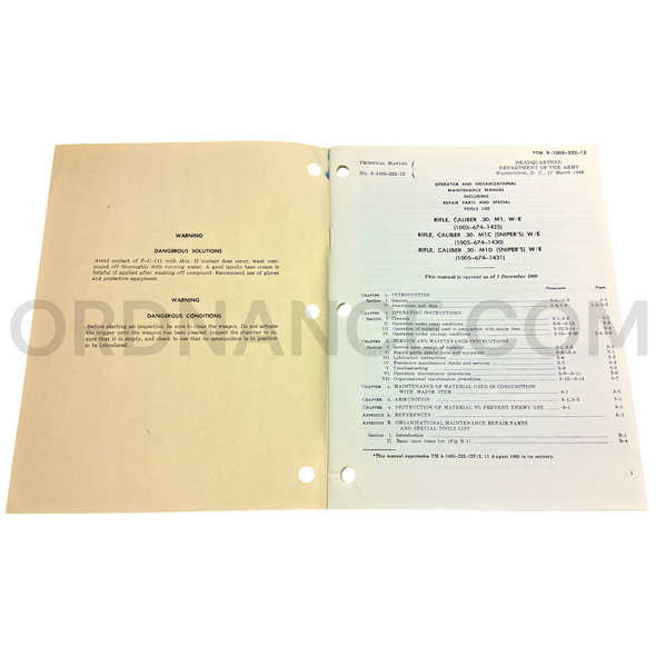 Technical Manual (TM 9-1005-222-12) for .30cal M1, M1C, and M1D Rifles March 1969 FSN 1005-674-1425