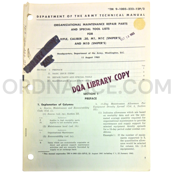 Technical Manual (TM 9-1005-222-12P/2) for .30cal M1, M1C, and M1D Rifles August 1965