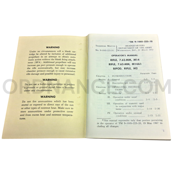 Technical Manual (TM 9-1005-223-10) for 7.62mm M14, M14A1 Rifles and M2 Rifle Bipod March 1972 FSN 1005-589-1271