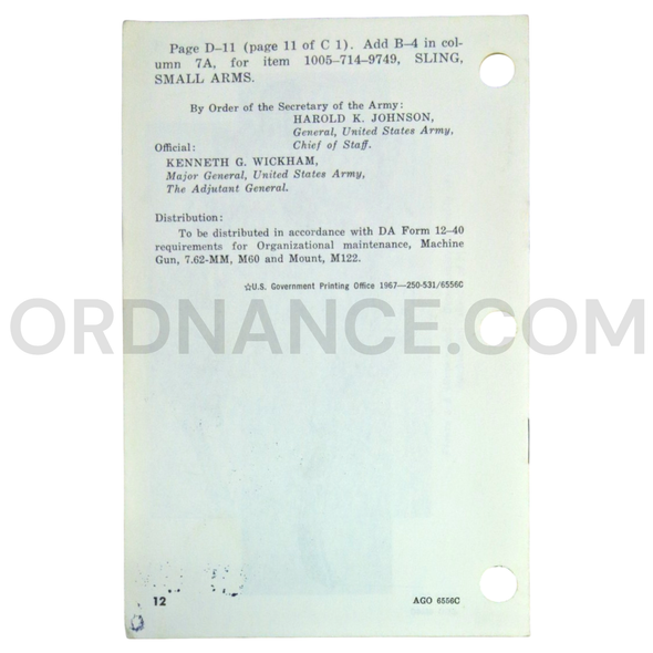 Technical Manual Change 2 (TM 9-1005-224-12) for 7.62mm M60 Machine Gun and M122 Machine Gun Tripod Mount December 1966