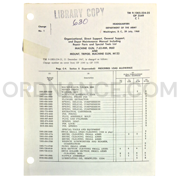 Technical Manual Change 1 (TM 9-1005-224-25) for 7.62mm M60 Machine Gun and M122 Machine Gun Tripod Mount July 1968