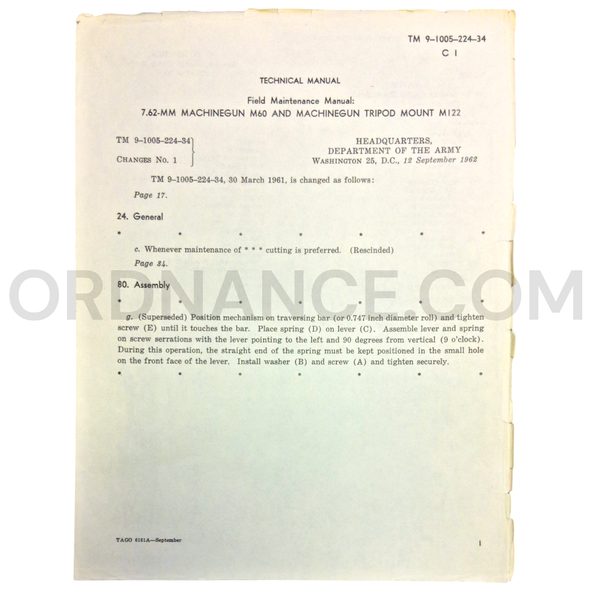 Technical Manual Change 1 (TM 9-1005-224-34) for 7.62mm M60 Machine Gun and M122 Machine Gun Tripod Mount September 1962