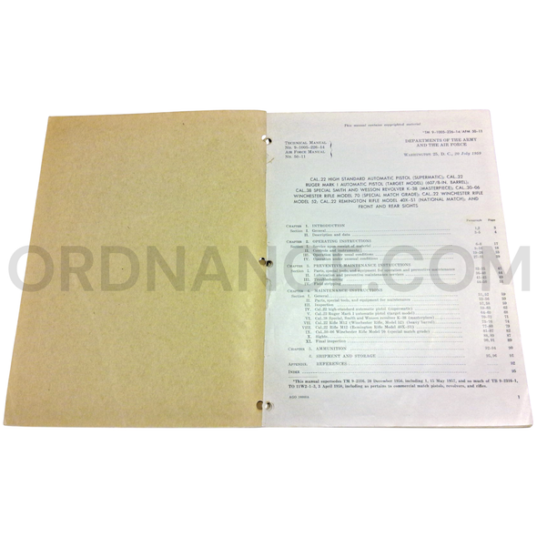 Technical Manual (TM 9-1005-226-14) for .22cal Supermatic Pistol, .22cal Ruger Mark I Pistol, .38cal K-38 Revolver, .30-06cal Model 70 Rifle, .22cal M12 Model 52 Rifle, and .22cal M12 Model 40X-S1 Rifle July 1959