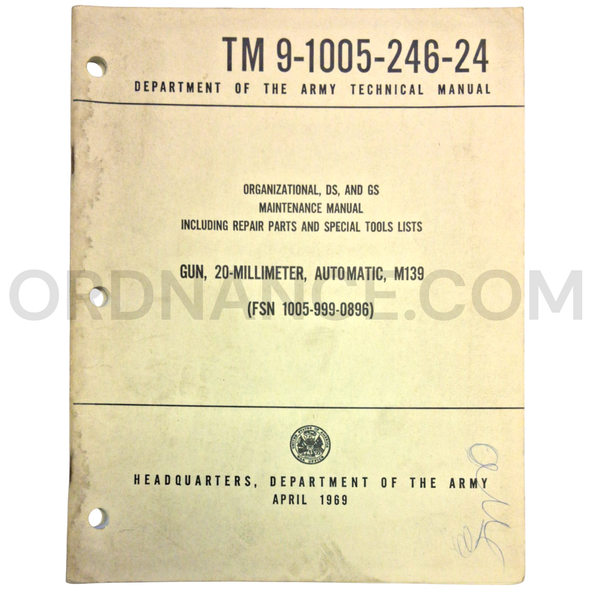 Technical Manual (TM 9-1005-246-24) for 20mm M139 Automatic Gun April 1969 FSN 1005-999-0896