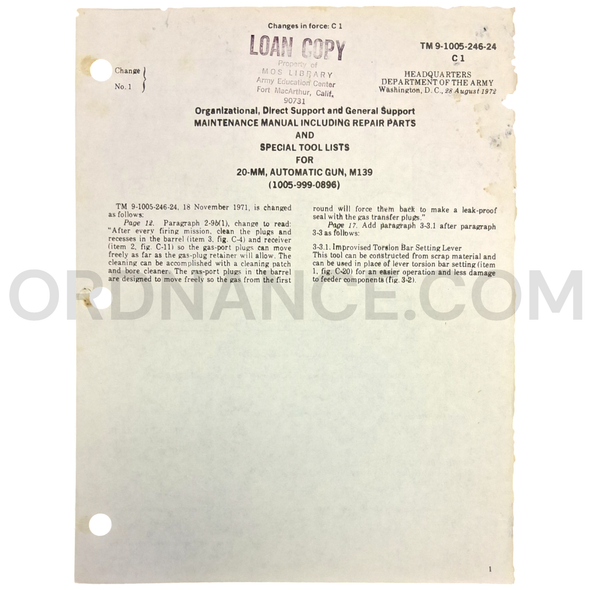 Technical Manual Change 1 (TM 9-1005-246-24) for 20mm M139 Automatic Gun August 1972 FSN 1005-999-0896