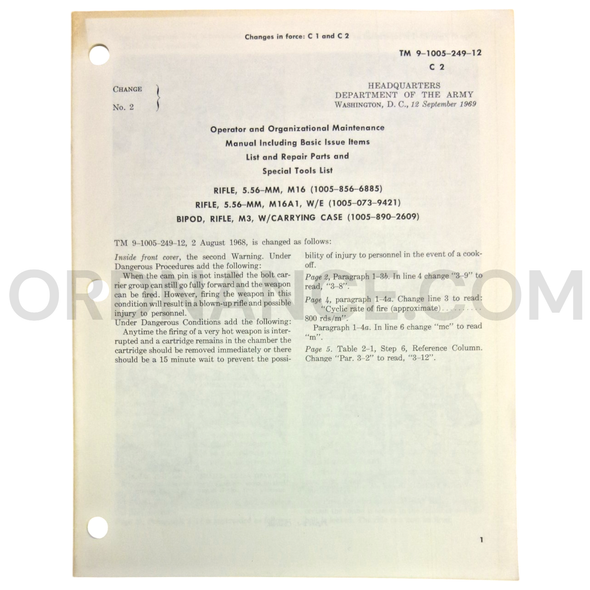 Technical Manual Change 2 (TM 9-1005-249-12) for 5.56mm M16, M16A1 Rifles and M3 Rifle Bipod September 1969 FSN 1005-856-6885