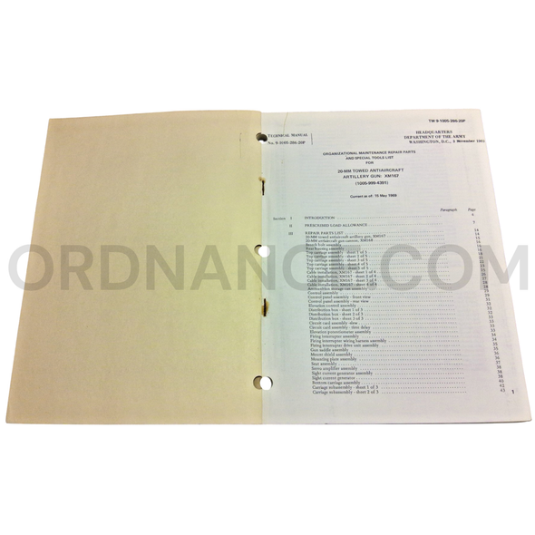 Technical Manual (TM 9-1005-286-20P) for 20mm XM167 Towed Antiaircraft Artillery Gun November 1969 FSN 1005-999-4391