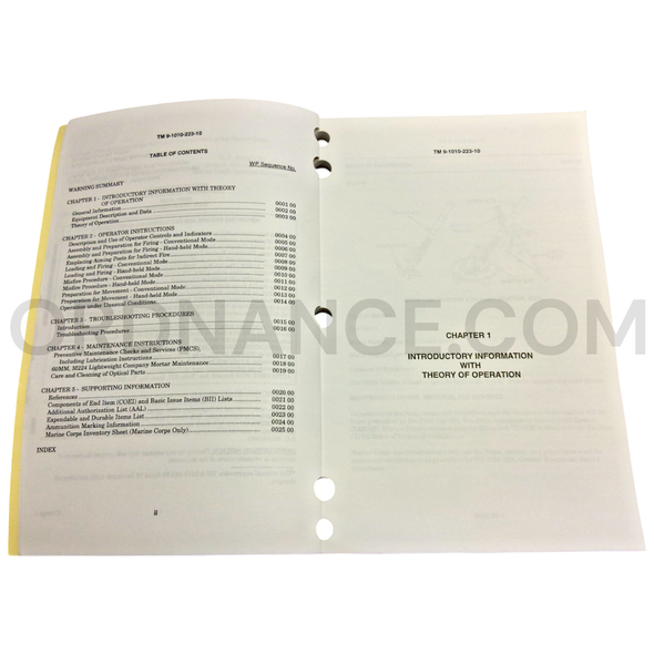 Technical Manual (TM 9-1010-223-10) for 60mm M224 Lightweight Company Mortar September 1998 NSN 1010-01-020-5626