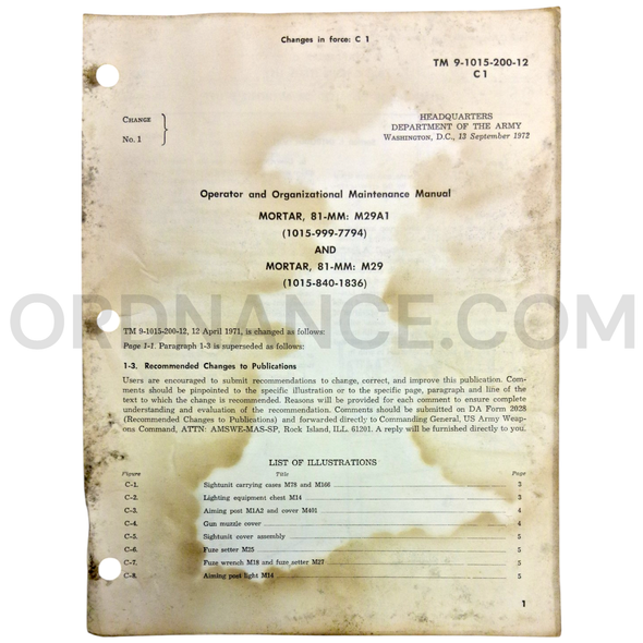 Technical Manual Change 1 (TM 9-1015-200-12) for 81mm M29 and M29A1 Mortar September 1972 FSN 1015-840-1836