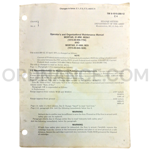 Technical Manual Change 4 (TM 9-1015-200-12) for 81mm M29 and M29A1 Mortar July 1975 FSN 1015-840-1836