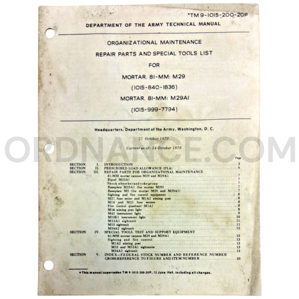 Technical Manual (TM 9-1015-200-20P) for 81mm M29 and M29A1 Mortars October 1970 FSN 1015-840-1836