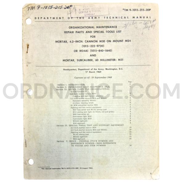 Technical Manual (TM 9-1015-215-20P) for 4.2-Inch M30 Cannon on M24 or M24A1 Mounts and 60mm M31 Subcaliber Mortar March 1969 FSN 1015-322-9720