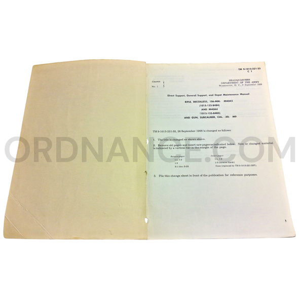 Technical Manual (TM 9-1015-221-35) for 106mm M40A1 Rifle with .50cal M8C Spotting Gun on M79 Mount, M92 Mount and M27 Tripod, and .30cal M9 Subcaliber Gun September 1966