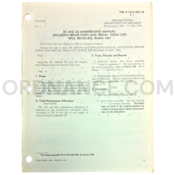 Technical Manual Change 1 (TM 9-1015-223-34) for 90mm M67 Recoilless Rifle July 1965