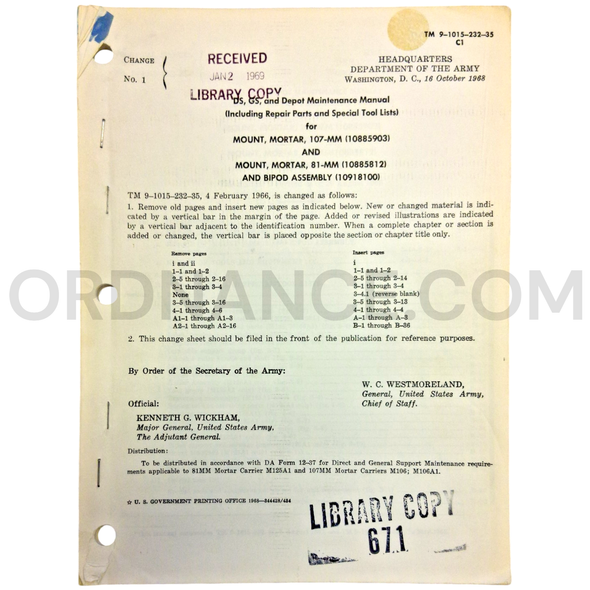 Technical Manual Change 1 (TM 9-1015-232-35) for 107mm Mortar Mount, 81mm Mortar Mount, and Bipod Assembly October 1968