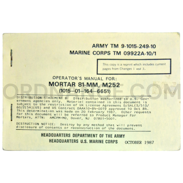 Technical Manual (TM 9-1015-249-10) for 81mm M252 Mortar October 1987 NSN 1015-01-164-6651