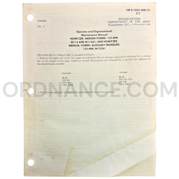 Technical Manual Change 5 (TM 9-1025-200-12) for 155mm M114, M114A1, and M123A1 Towed Medium Howitzer November 1969