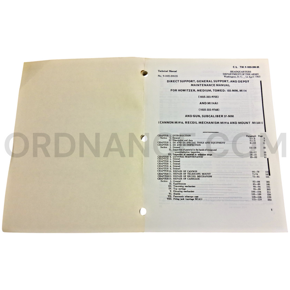Technical Manual (TM 9-1025-200-35) for 155mm M114 and M114A1 Towed Medium Howitzer and 37mm Subcaliber Gun April 1965 FSN 1025-322-9755
