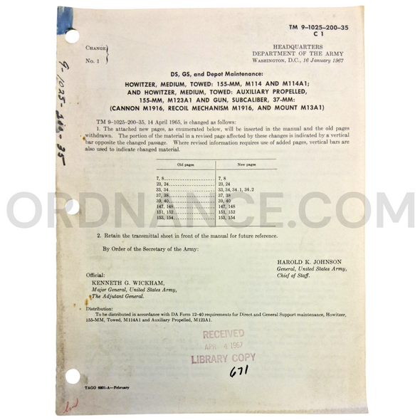 Technical Manual Change 1 (TM 9-1025-200-35) for 155mm M114, M114A1, and M123A1 Towed Medium Howitzer and 37mm Subcaliber Gun January 1967