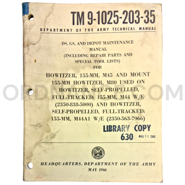 Technical Manual (TM 9-1025-203-35) for 155mm M45 Howitzer and M80 Howitzer Mount May 1966 FSN 2350-838-5000
