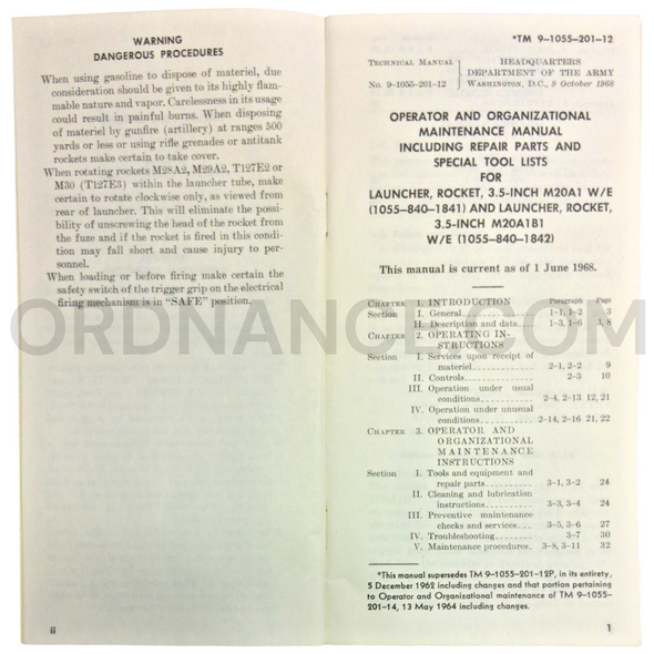 Technical Manual (TM 9-1055-201-12) for 3.5-Inch M20A1 and M20A1B1 Rocket Launchers W/E October 1968 FSN 1055-840-1841