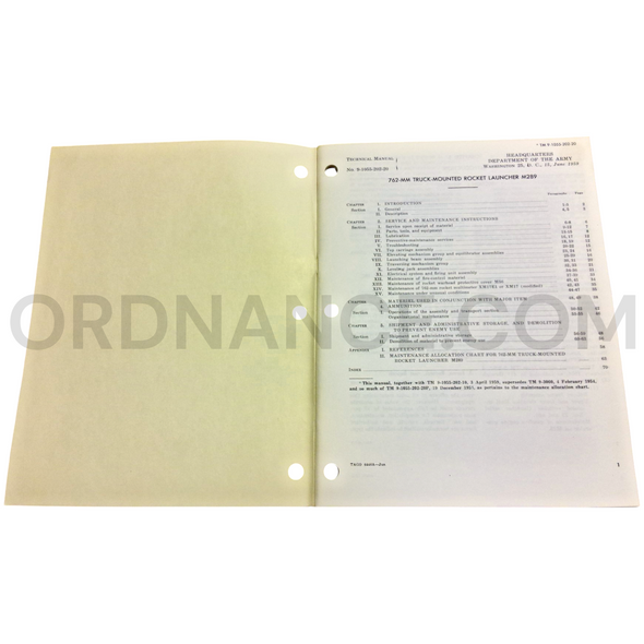 Technical Manual (TM 9-1055-202-20) for 762mm M289 Truck-Mounted Rocket Launcher June 1959