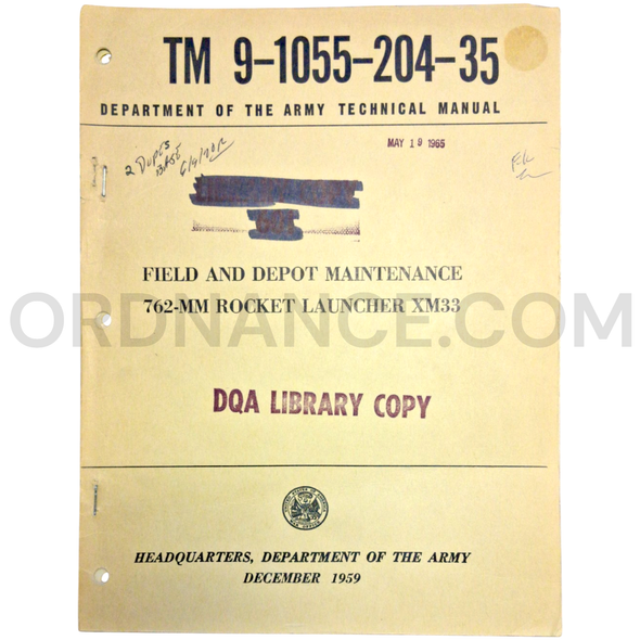 Technical Manual (TM 9-1055-204-35) for 762mm XM33 Rocket Launcher December 1959