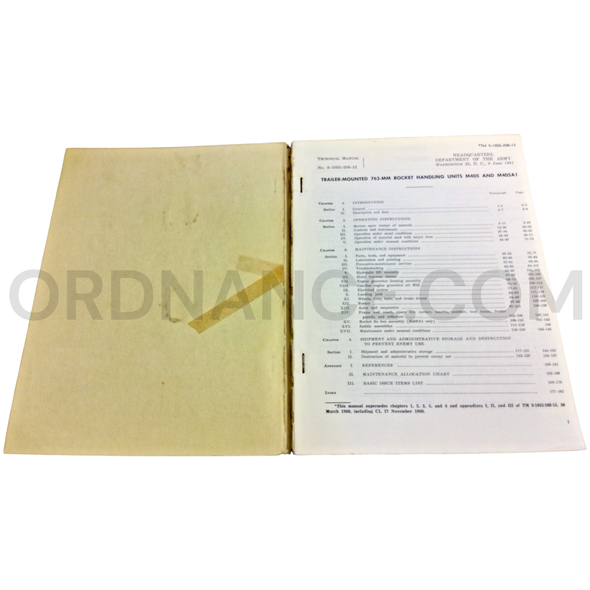 Technical Manual (TM 9-1055-208-12) for 762mm M405 and M405A1 Trailer-Mounted Rocket Handling Units June 1961