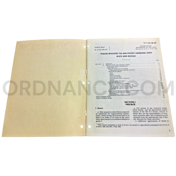 Technical Manual (TM 9-1055-208-20P) for 762mm M405 and M405A1 Trailer-Mounted Rocket Handling Units June 1961