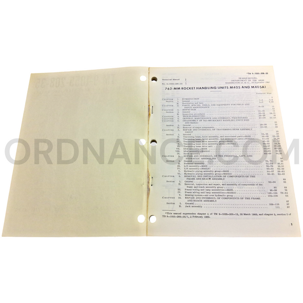 Technical Manual (TM 9-1055-208-35) for 762mm M405 and M405A1 Rocket Handling Units September 1961