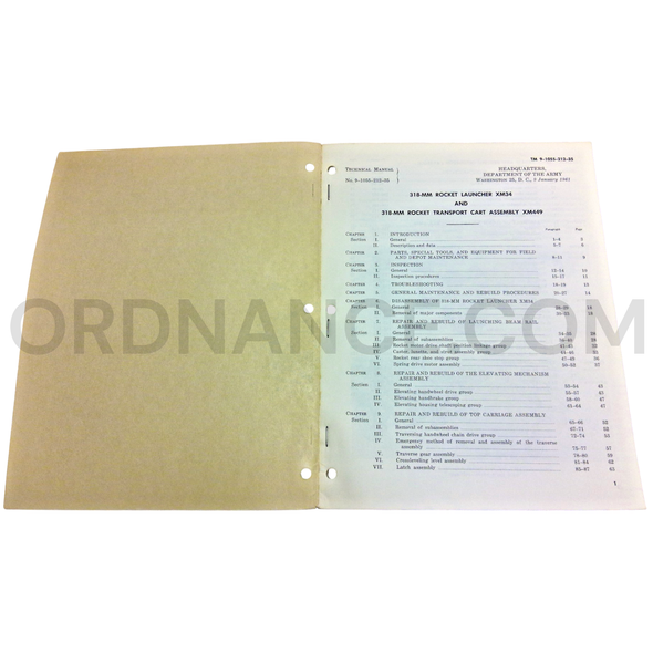 Technical Manual (TM 9-1055-212-35) for 318mm XM34 Rocket Launcher and XM449 Rocket Transport Cart Assembly January 1961