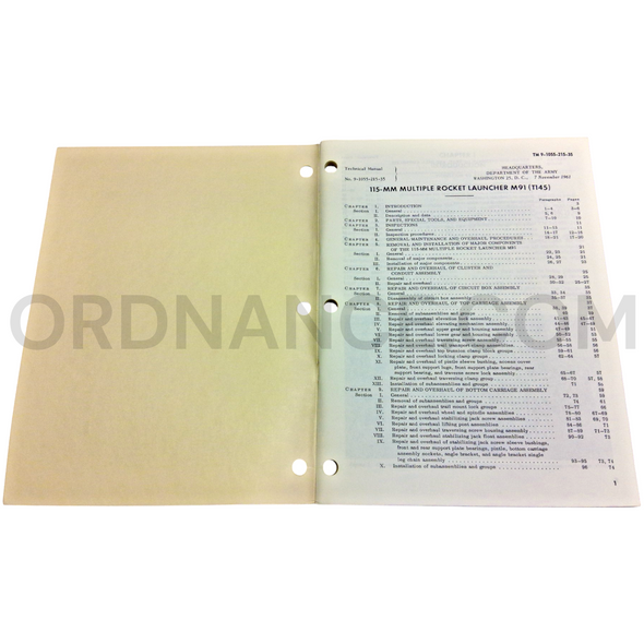 Technical Manual (TM 9-1055-215-35) for 115mm M91/T145 Multiple Rocket Launcher November 1961