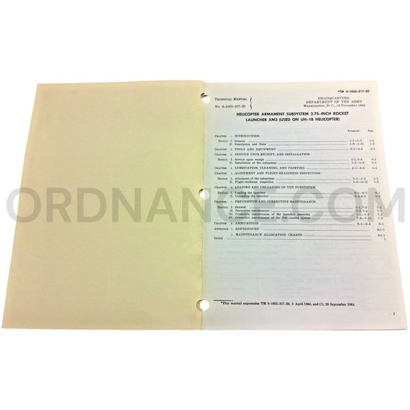 Technical Manual (TM 9-1055-217-20) for 2.75-Inch XM3 Rocket Launcher Helicopter Armament Subsystem November 1965