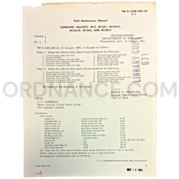 Technical Manual Change 1 (TM 9-1220-203-34) for M13, M13A1, M13A1C, M13A1D, M13A2, and M13B1C Ballistic Computer January 1964