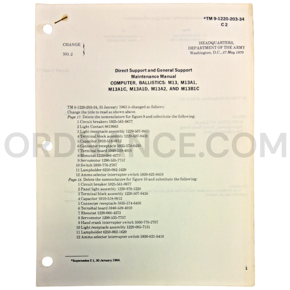 Technical Manual Change 2 (TM 9-1220-203-34) for M13, M13A1, M13A1C, M13A1D, M13A2, and M13B1C Ballistics Computer May 1970