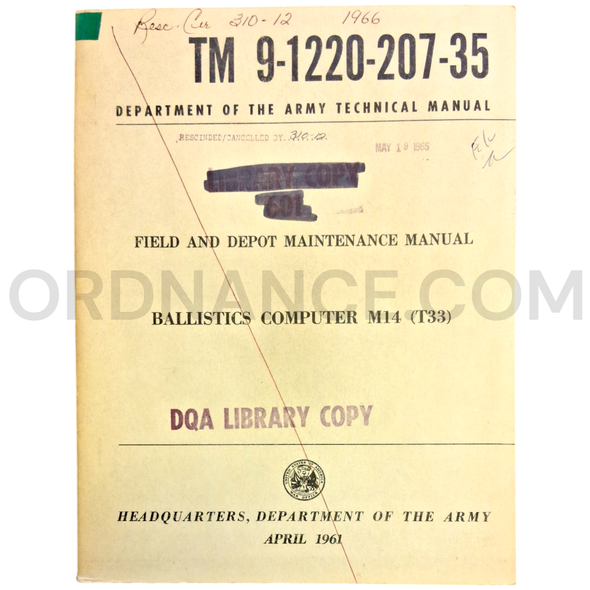 Technical Manual (TM 9-1220-207-35) for M14/T33 Ballistics Computer April 1961