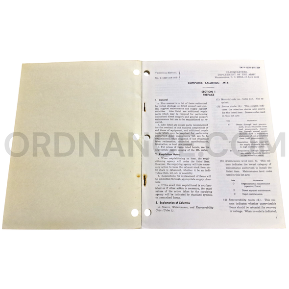 Technical Manual (TM 9-1220-218-35P) for M16 Ballistics Computer April 1966